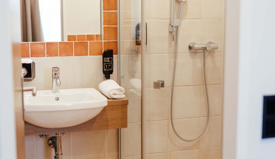 Badezimmer mit Glas Walk-In Dusche und Waschbecken