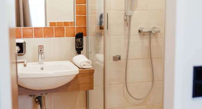Badezimmer mit Glas Walk-In Dusche und Waschbecken