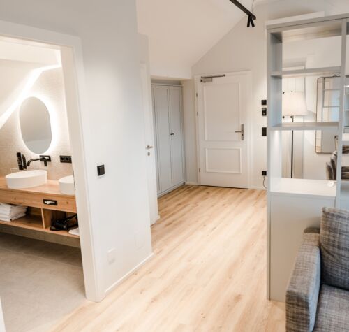 Ein Großraum Bild von dem Familienzimmer wo auf der rechten Seite die Couch und ein Schrank dahinter zusehen ist und auf der anderen Seite sieht man in das Badezimmer hinein.