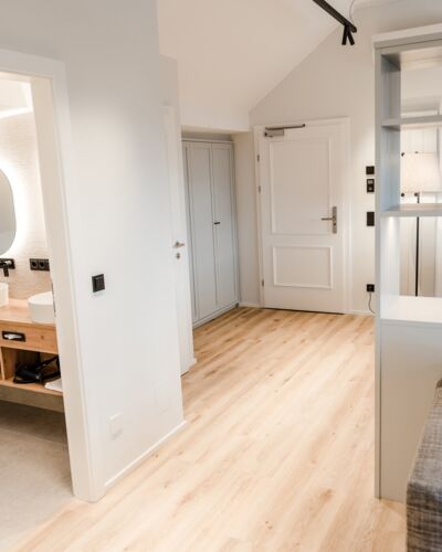 Ein Großraum Bild von dem Familienzimmer wo auf der rechten Seite die Couch und ein Schrank dahinter zusehen ist und auf der anderen Seite sieht man in das Badezimmer hinein.
